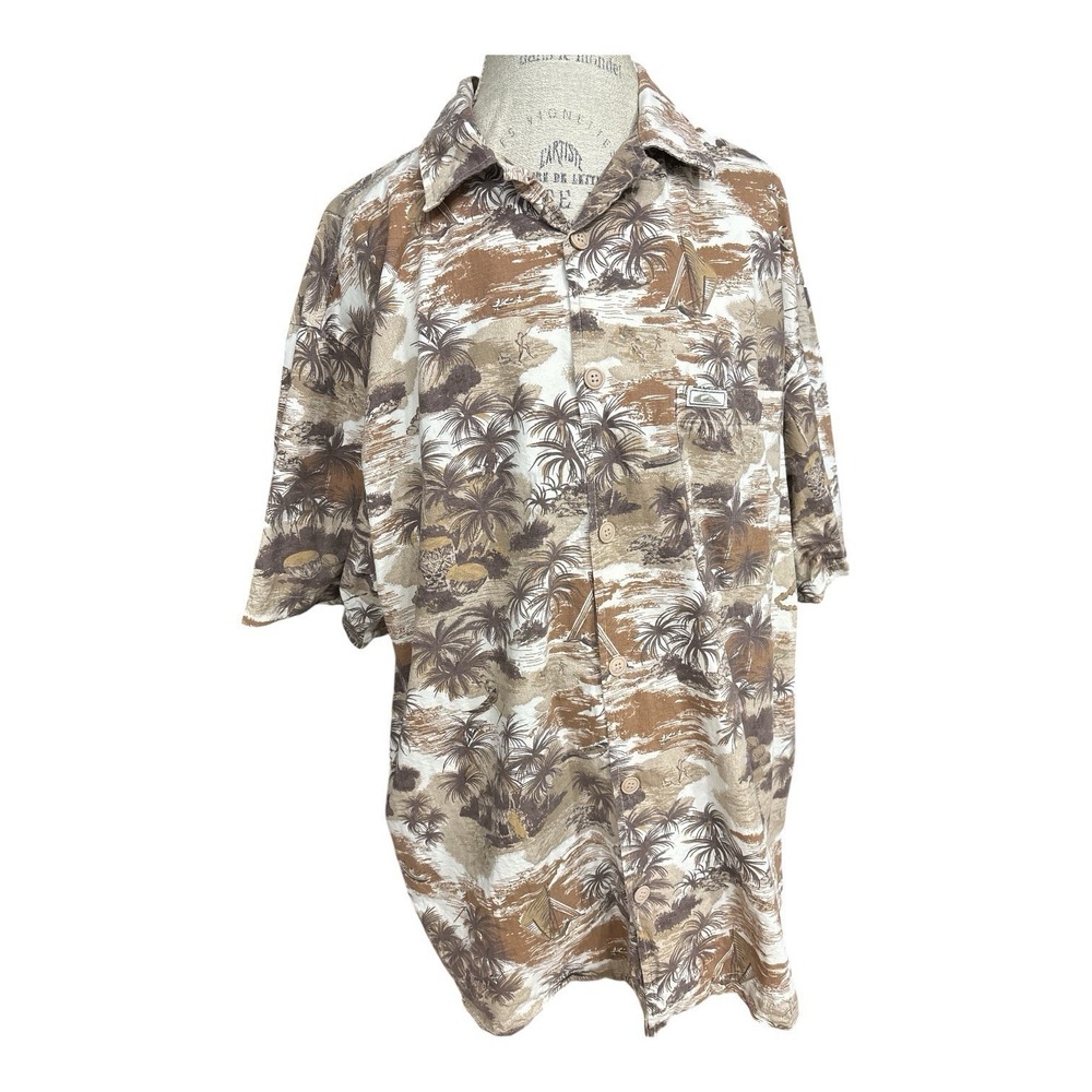 Vintage 90s Quiksilver Hawaiian Shirt XL Tan Island Surf Beach Y2K Button Up